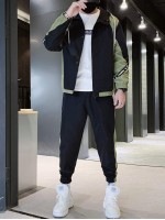 Men Two Tone Drawstring Hooded Jacket & Sweatpants