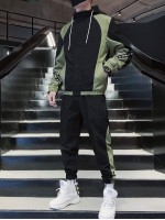 Men Two Tone Drawstring Hooded Jacket & Sweatpants