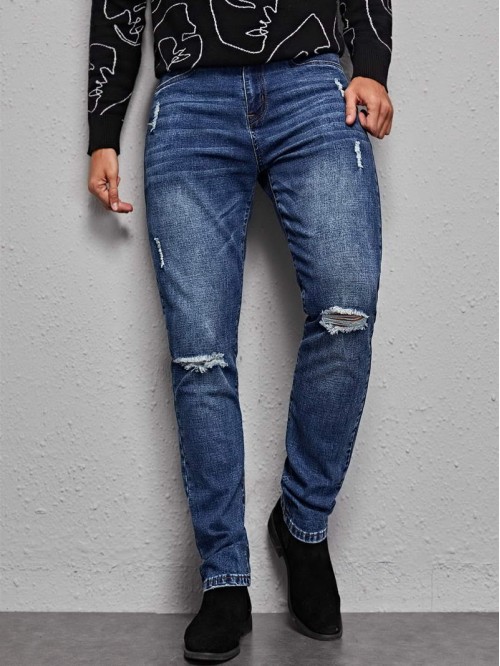 Men Ripped Cat Whisker Jeans