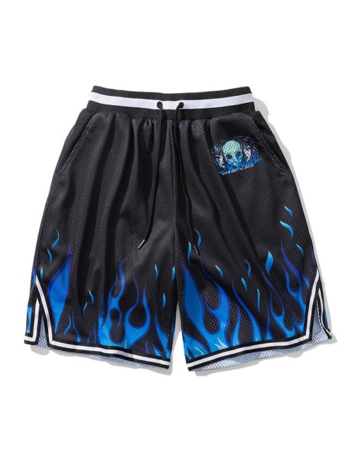 Men Fire Print Stripe Tape Drawstring Shorts