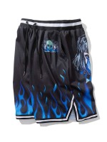 Men Fire Print Stripe Tape Drawstring Shorts