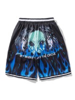 Men Fire Print Stripe Tape Drawstring Shorts