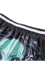 Men Fire Print Stripe Tape Drawstring Shorts