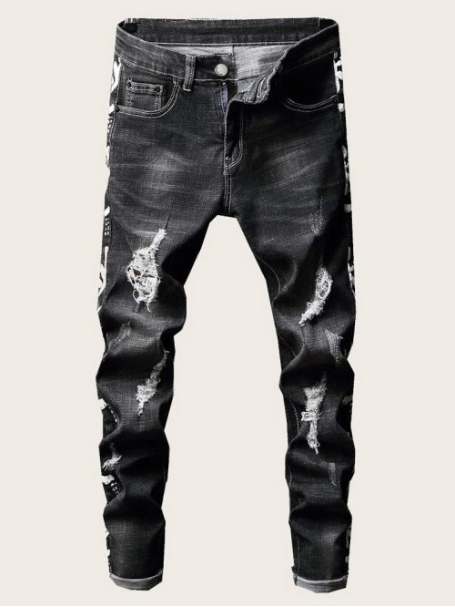 Men Slogan Graphic Ripped Jeans