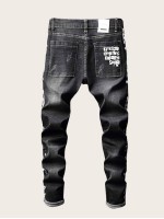 Men Slogan Graphic Ripped Jeans