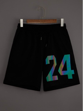 Men Reflective Number Print Drawstring Shorts