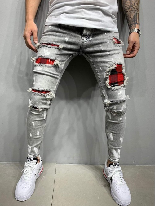 Men Contrast Gingham Ripped Jeans