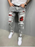 Men Contrast Gingham Ripped Jeans