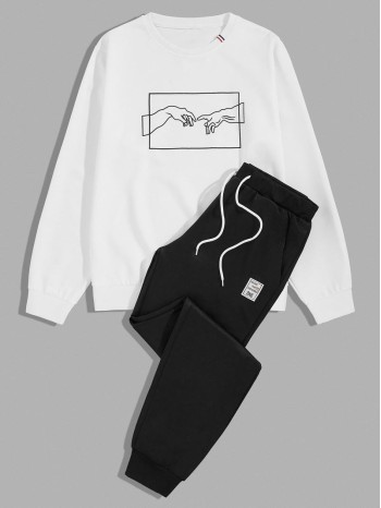 Men Hands Print Sweatshirt & Drawstring Sweatpants