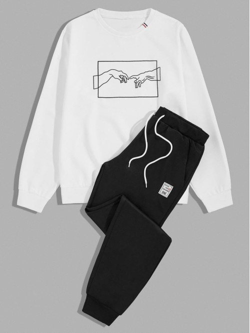 Men Hands Print Sweatshirt & Drawstring Sweatpants