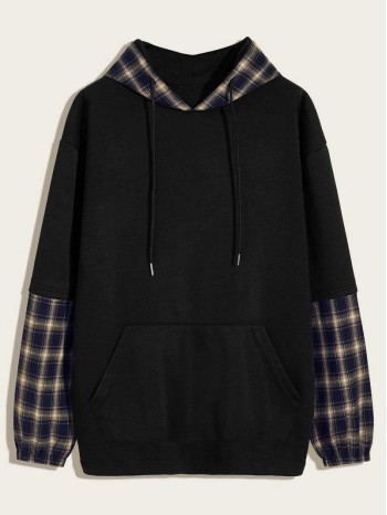 Men Contrast Plaid Kangaroo Pocket Drawstring Hoodie