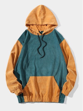 Men Colorblock Kangaroo Pocket Drawstring Corduroy Hoodie