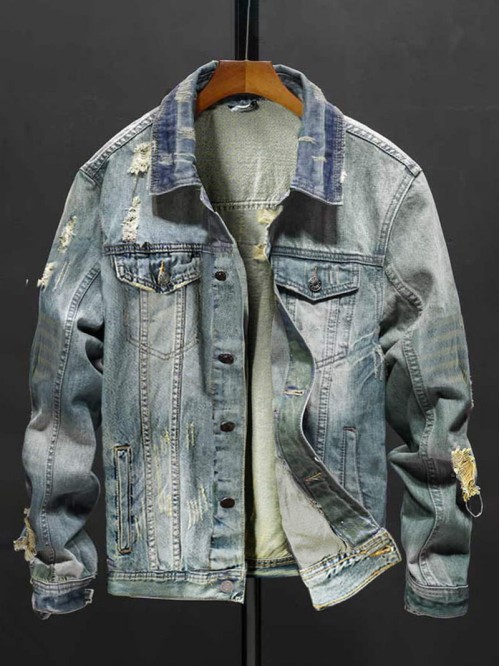 Men Ripped Button Up Denim Trucker Jacket