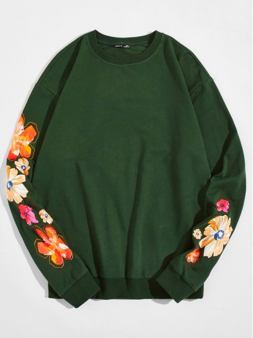 Men Drop Shoulder Floral Print Sleeve Pullover