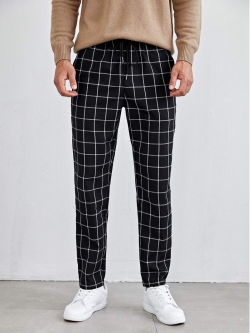 Men Grid Print Drawstring Pants