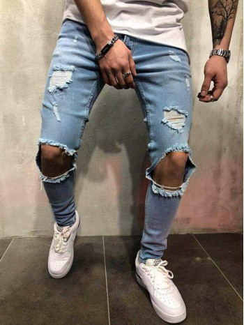 Men Ripped Cut Out Skinny Jeans