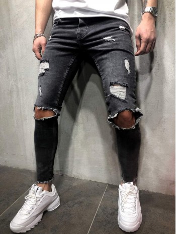 Men Ripped Raw Hem Jeans