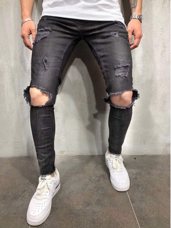 Men Ripped Raw Hem Jeans