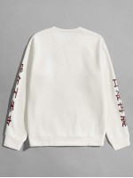 Men Chinese Slogan Graphic Floral Embroidery Pullover