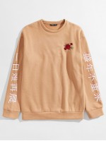 Men Chinese Letter Graphic Floral Embroidery Pullover