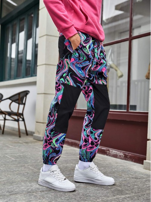 Men Marble Print Colorblock Pants