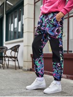 Men Marble Print Colorblock Pants