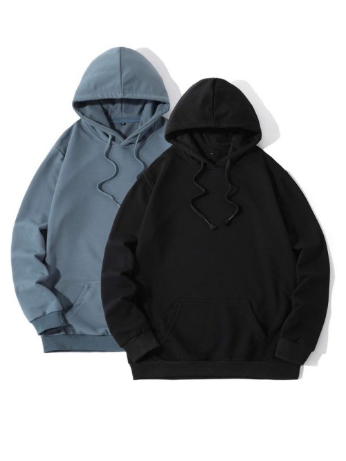 Men 2pcs Kangaroo Pocket Drawstring Hoodie