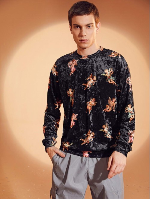 Men Drop Shoulder Angel Print Velvet Pullover