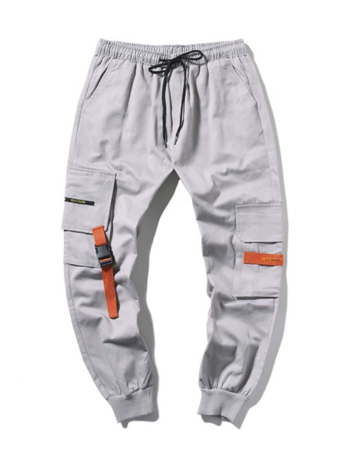 Men Buckle Ribbon Drawstring Waist Cargo Pants