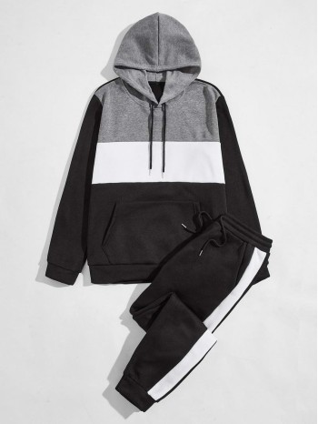 Men Colorblock Kangaroo Pocket Drawstring Hoodie & Sweatpants