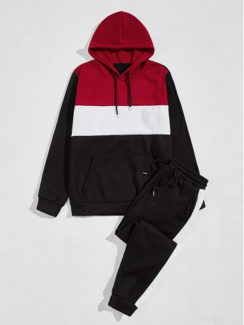 Men Colorblock Kangaroo Pocket Drawstring Hoodie & Sweatpants