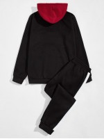 Men Colorblock Kangaroo Pocket Drawstring Hoodie & Sweatpants