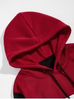 Men Colorblock Kangaroo Pocket Drawstring Hoodie & Sweatpants