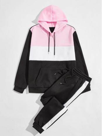 Men Colorblock Kangaroo Pocket Drawstring Hoodie & Sweatpants