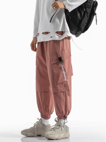 Men Letter Tape Elastic Cuff Cargo Pants