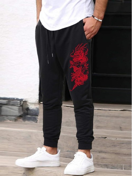 Men Chinese Dragon Graphic Drawstring Sweatpants