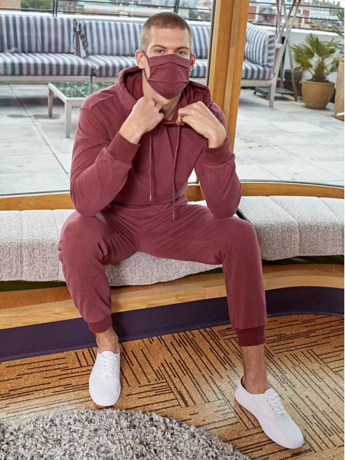 Men Drawstring Detail Hoodie & Joggers Set With Mask