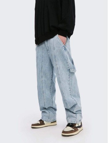 Men Pocket Side Tape Detail Jeans Without Chain