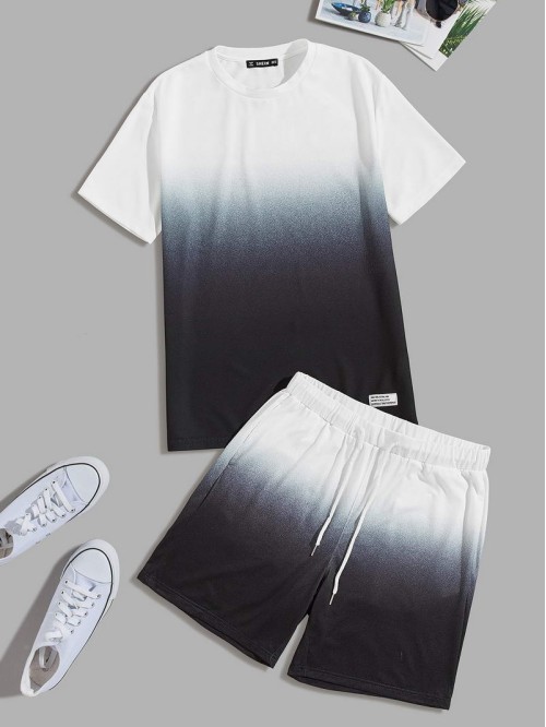 Men Patched Ombre Top & Drawstring Waist Shorts Set