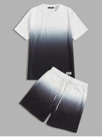 Men Patched Ombre Top & Drawstring Waist Shorts Set