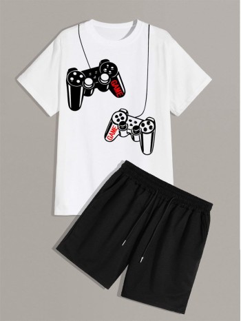 Men Gamepad Print Tee & Drawstring Shorts