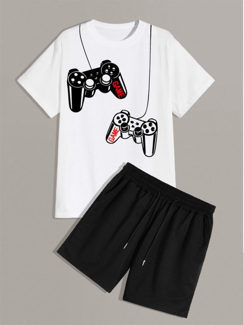 Men Gamepad Print Tee & Drawstring Shorts