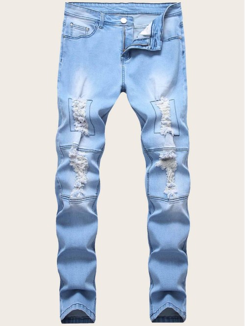 Men Zipper Fly Ripped Washed Jeans