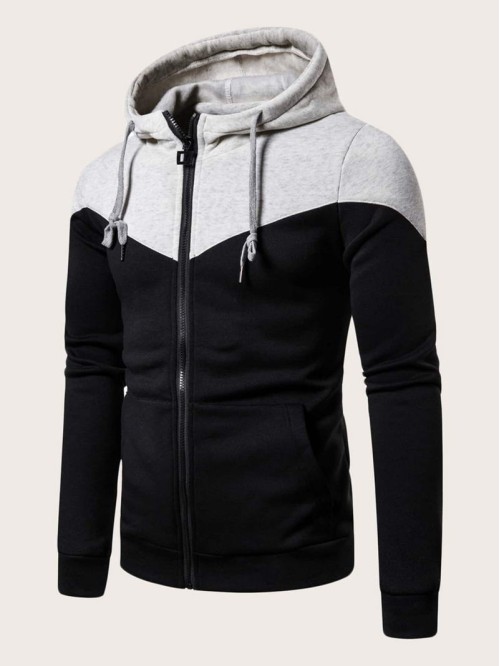 Men Contrast Panel Zip Up Drawstring Hoodie