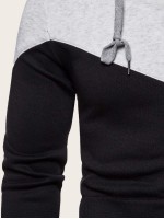 Men Contrast Panel Zip Up Drawstring Hoodie