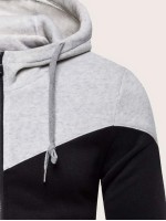 Men Contrast Panel Zip Up Drawstring Hoodie