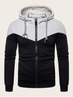 Men Contrast Panel Zip Up Drawstring Hoodie