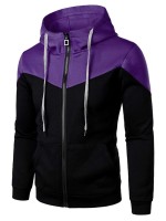 Men Contrast Panel Zip Up Drawstring Hoodie