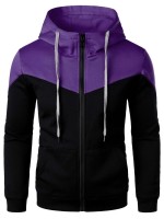 Men Contrast Panel Zip Up Drawstring Hoodie