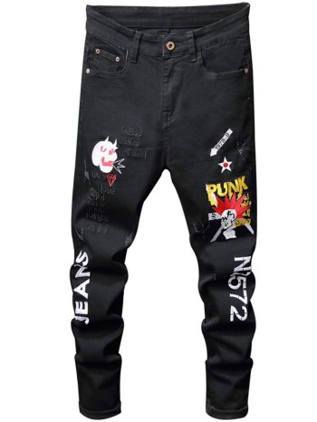 Men Skull And Letter Embroidery Jeans